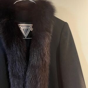 Marvin Richards Black Winter coat with chocolate brown fur trim. Full length